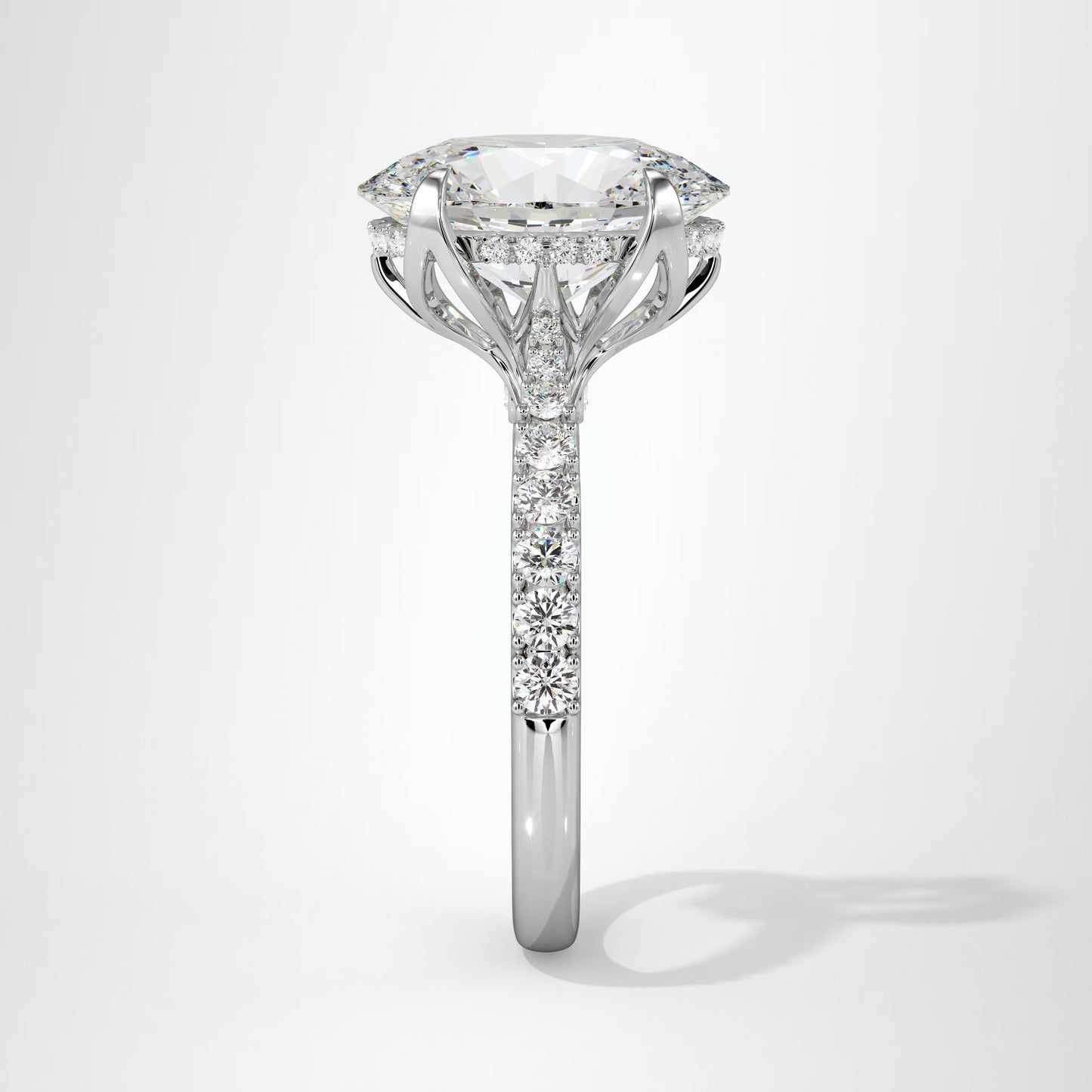 4.00ct Oval Cut Lab Diamond Engagement Ring Featuring Tulip Prongs, Hidden Halo & Secret Diamond Detail