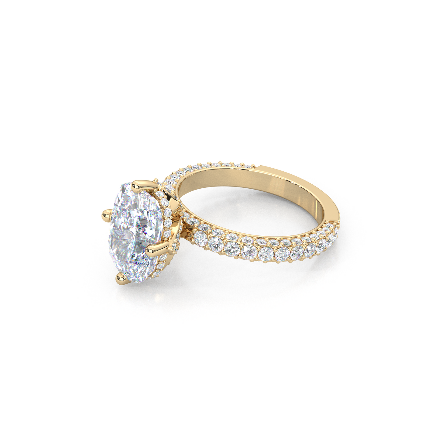 Elegant 3.00 Carat Cushion Lab Diamond Engagement Ring with Lotus Prongs, Hidden Halo & Pave Band