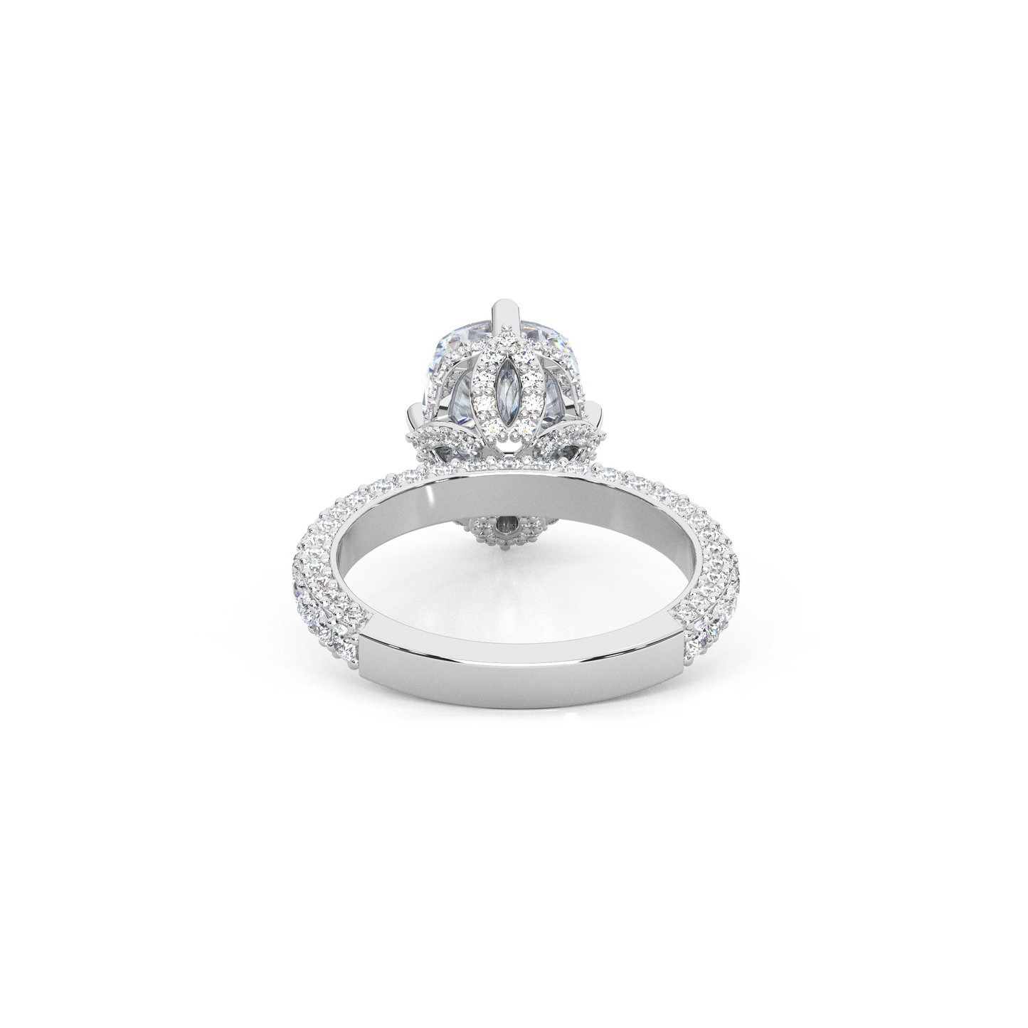 Elegant 3.00 Carat Cushion Lab Diamond Engagement Ring with Lotus Prongs, Hidden Halo & Pave Band