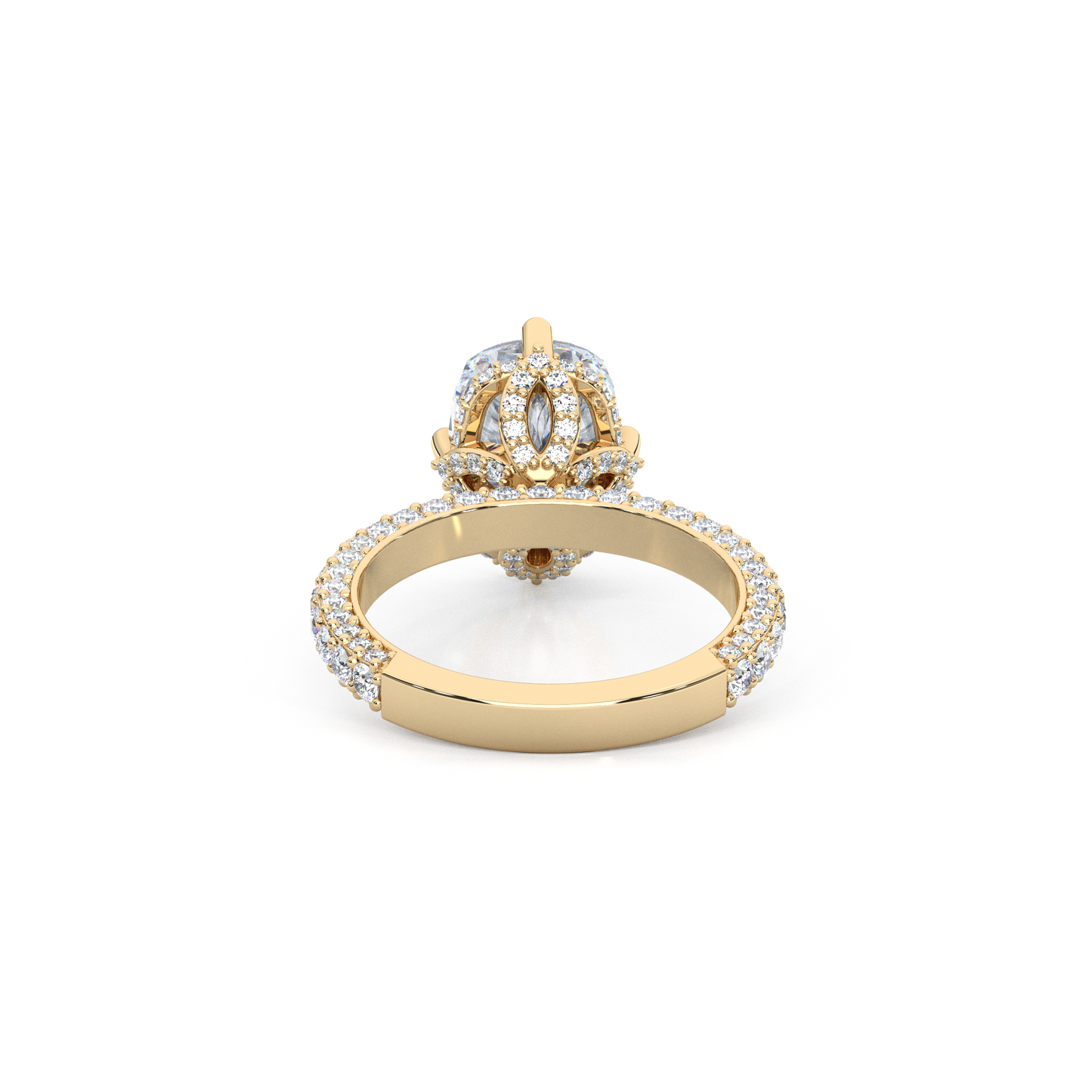 Elegant 3.00 Carat Cushion Lab Diamond Engagement Ring with Lotus Prongs, Hidden Halo & Pave Band