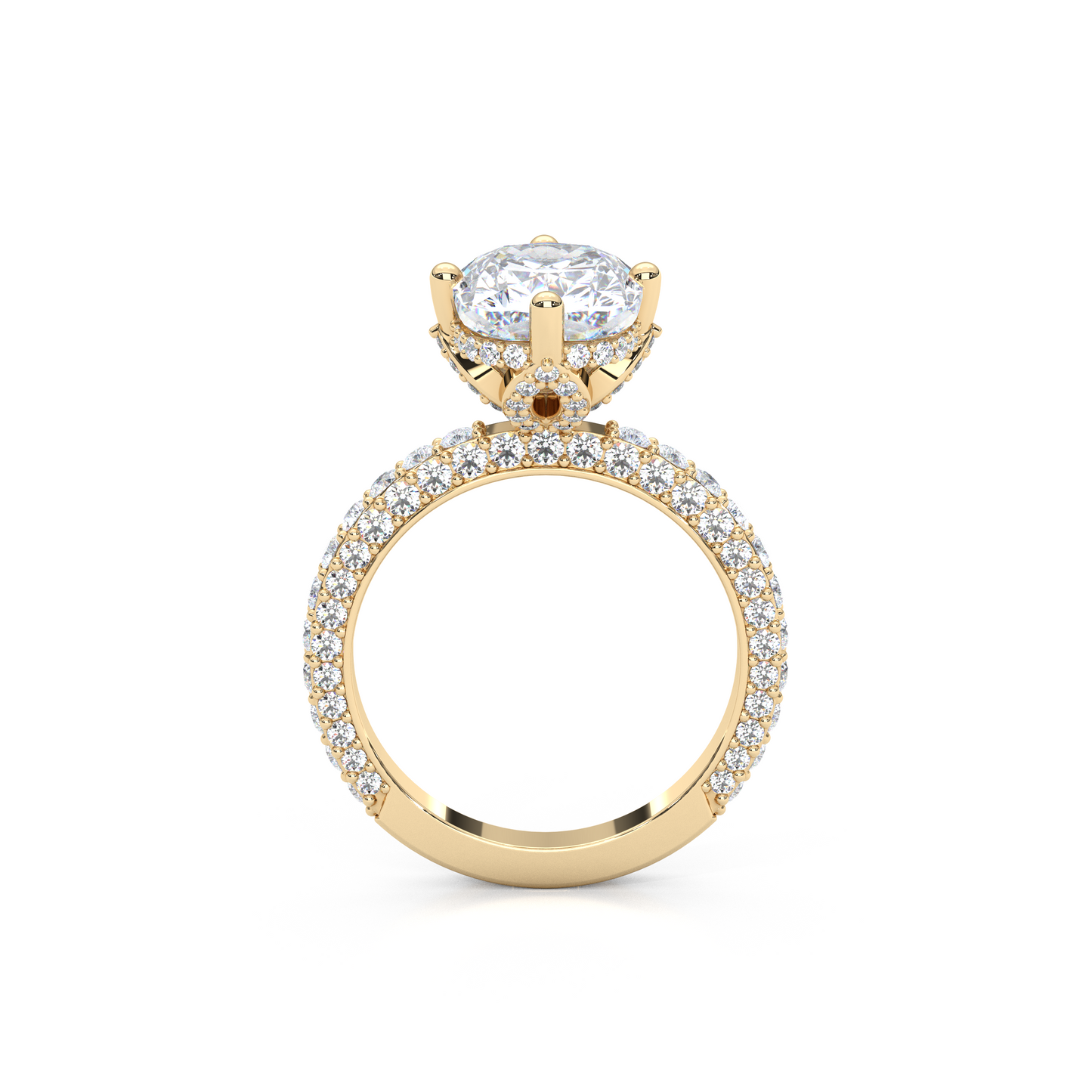 Elegant 3.00 Carat Cushion Lab Diamond Engagement Ring with Lotus Prongs, Hidden Halo & Pave Band