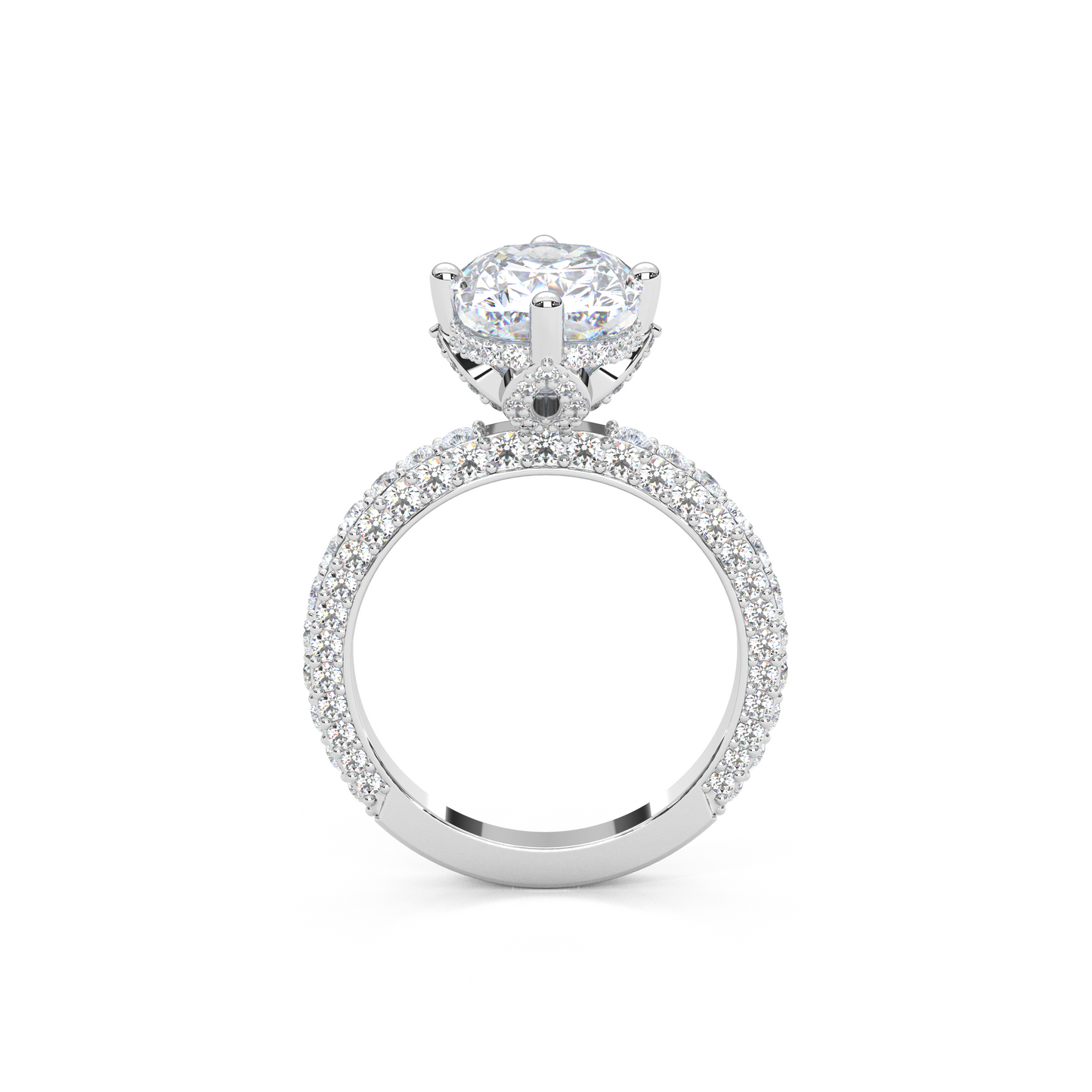 Elegant 3.00 Carat Cushion Lab Diamond Engagement Ring with Lotus Prongs, Hidden Halo & Pave Band