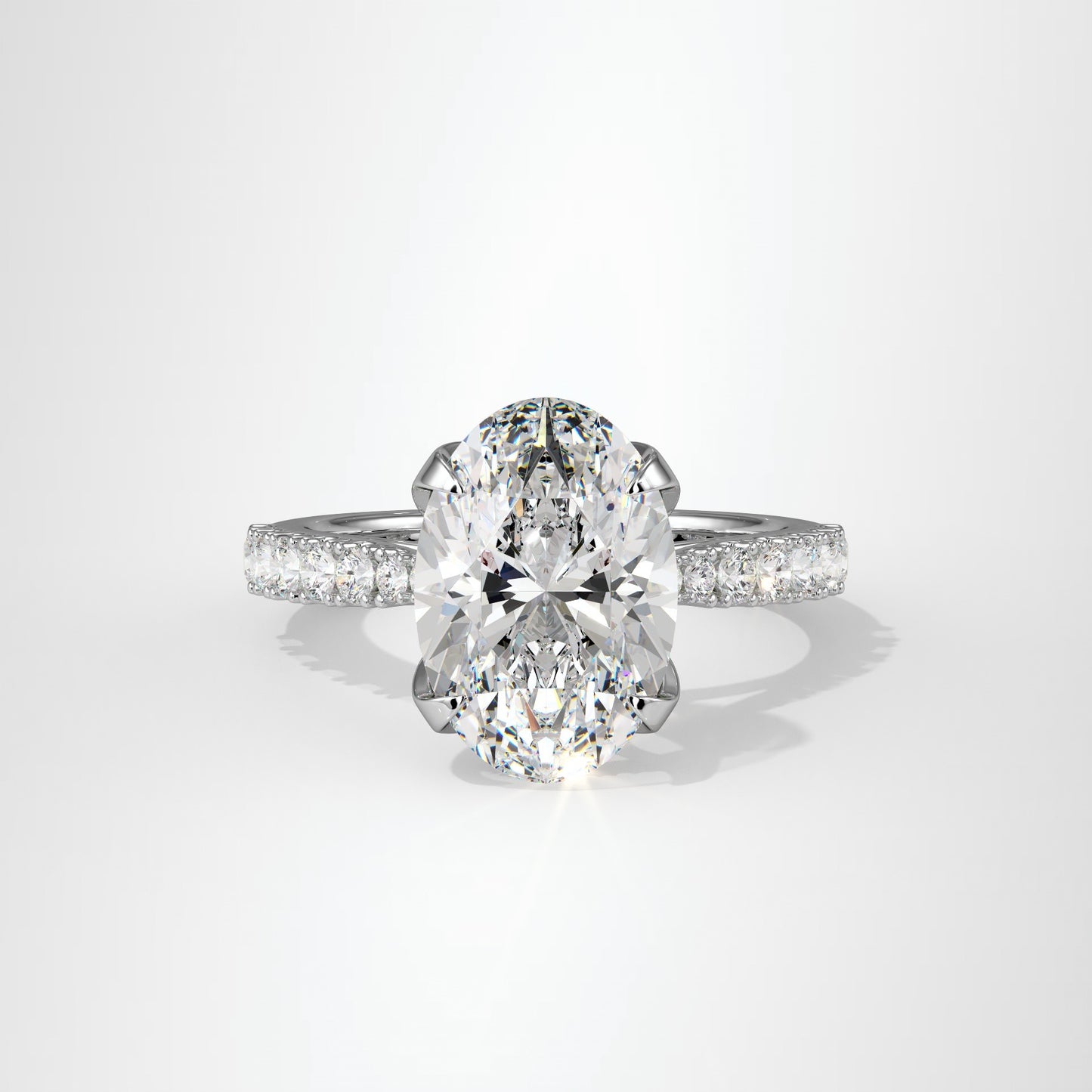 4.00ct Oval Cut Lab Diamond Engagement Ring Featuring Tulip Prongs, Hidden Halo & Secret Diamond Detail