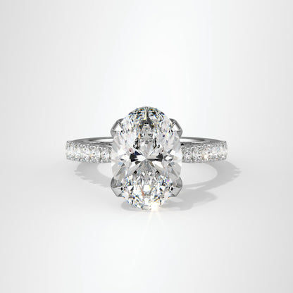 4.00ct Oval Cut Lab Diamond Engagement Ring Featuring Tulip Prongs, Hidden Halo & Secret Diamond Detail