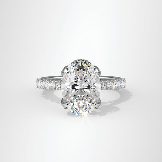 4.00ct Oval Cut Lab Diamond Engagement Ring Featuring Tulip Prongs, Hidden Halo & Secret Diamond Detail