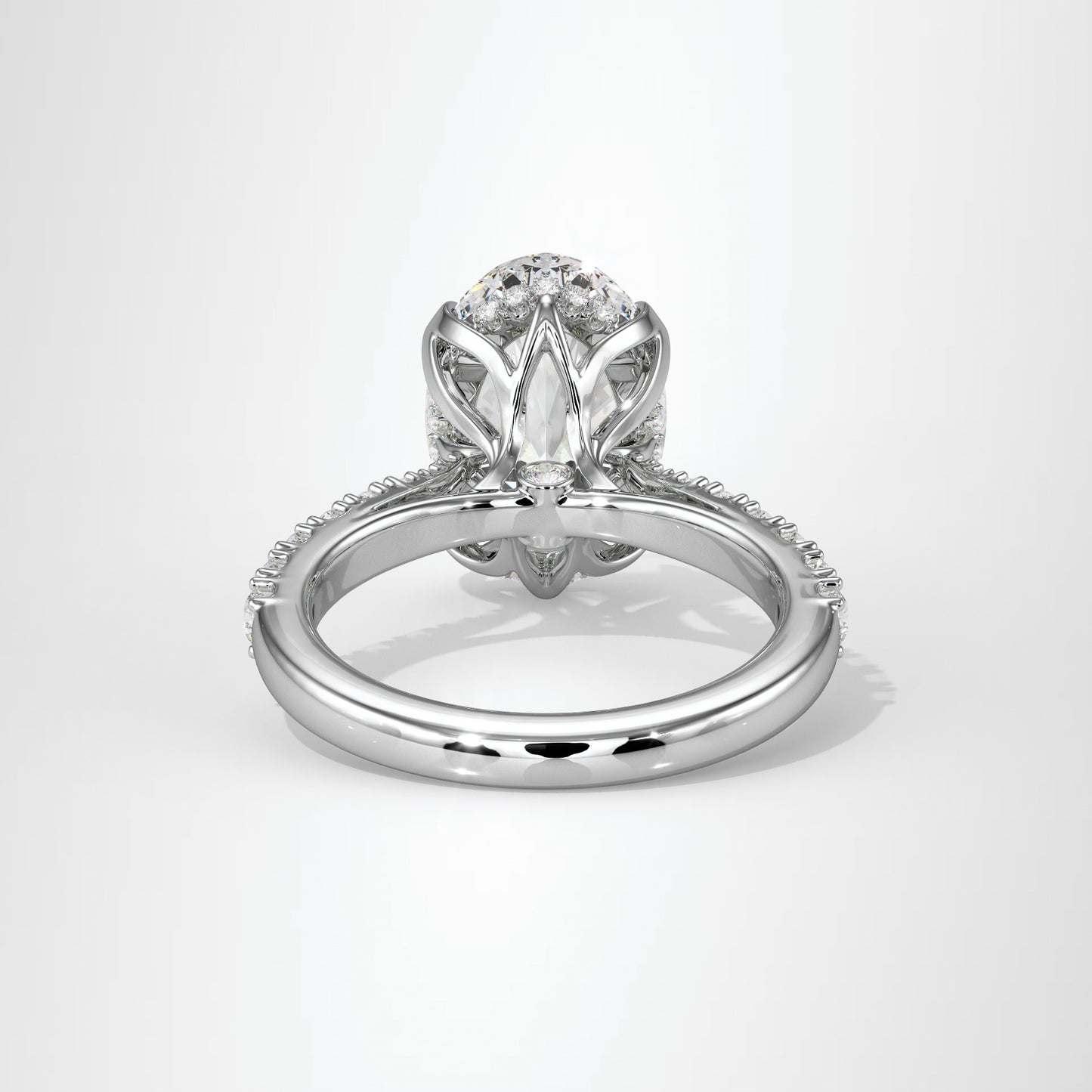 4.00ct Oval Cut Lab Diamond Engagement Ring Featuring Tulip Prongs, Hidden Halo & Secret Diamond Detail