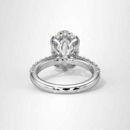 4.00ct Oval Cut Lab Diamond Engagement Ring Featuring Tulip Prongs, Hidden Halo & Secret Diamond Detail