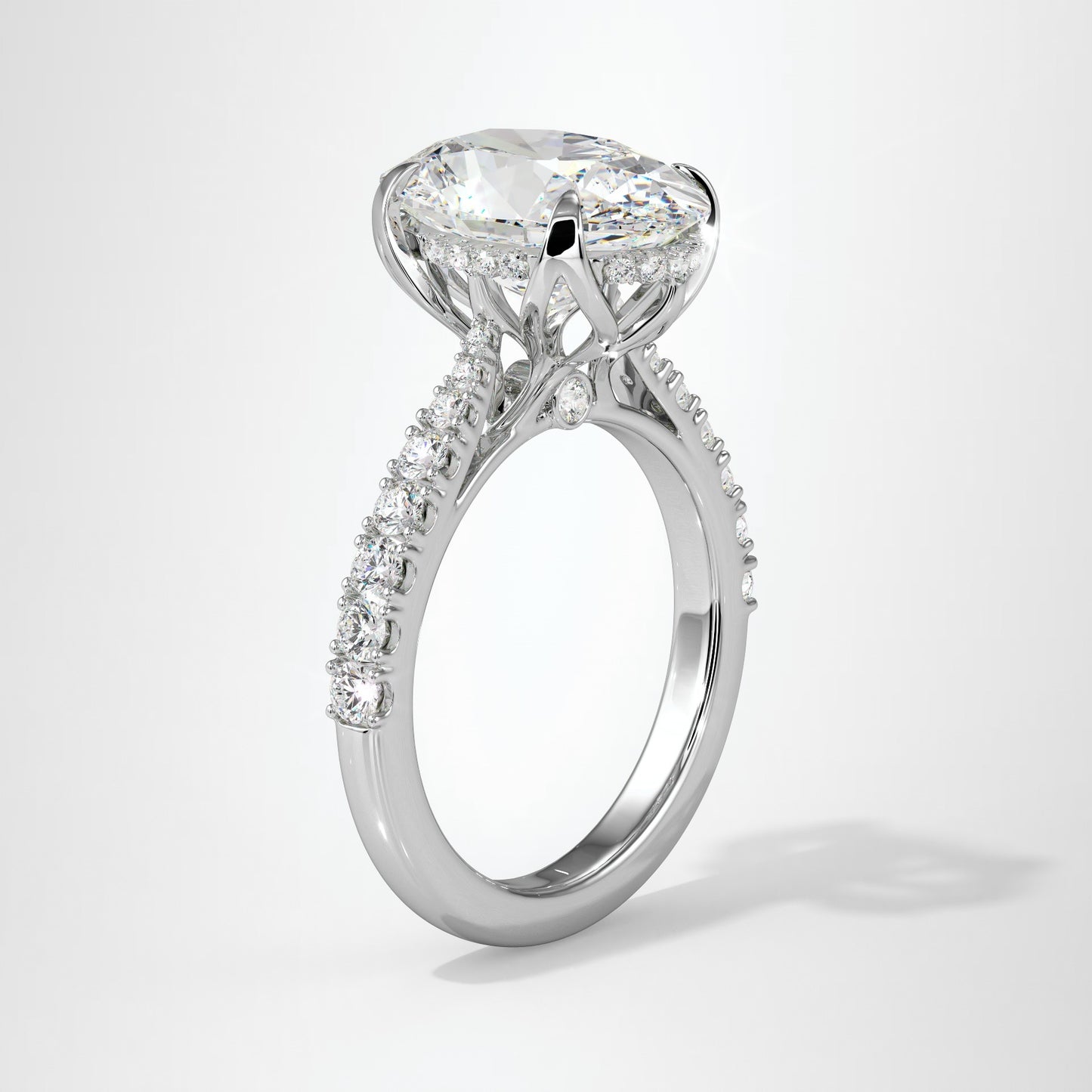 4.00ct Oval Cut Lab Diamond Engagement Ring Featuring Tulip Prongs, Hidden Halo & Secret Diamond Detail