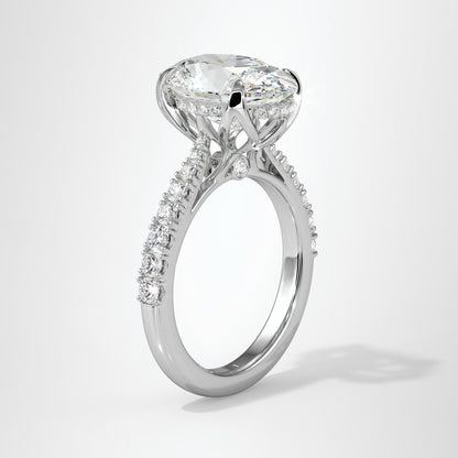 4.00ct Oval Cut Lab Diamond Engagement Ring Featuring Tulip Prongs, Hidden Halo & Secret Diamond Detail
