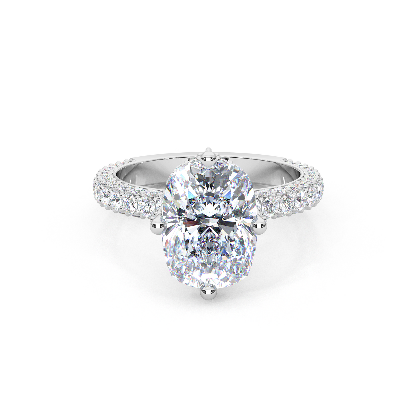 Elegant 3.00 Carat Cushion Lab Diamond Engagement Ring with Lotus Prongs, Hidden Halo & Pave Band