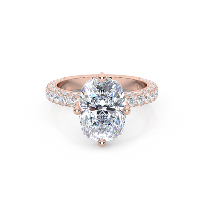 Elegant 3.00 Carat Cushion Lab Diamond Engagement Ring with Lotus Prongs, Hidden Halo & Pave Band