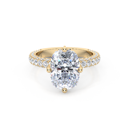 Elegant 3.00 Carat Cushion Lab Diamond Engagement Ring with Lotus Prongs, Hidden Halo & Pave Band
