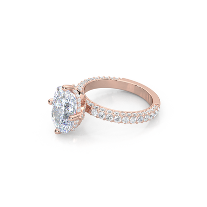 Elegant 3.00 Carat Cushion Lab Diamond Engagement Ring with Lotus Prongs, Hidden Halo & Pave Band
