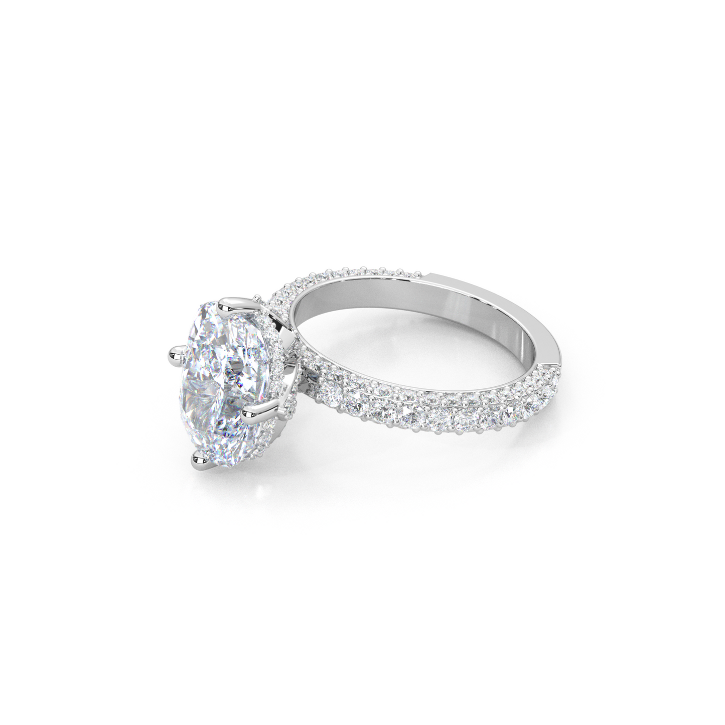 Elegant 3.00 Carat Cushion Lab Diamond Engagement Ring with Lotus Prongs, Hidden Halo & Pave Band
