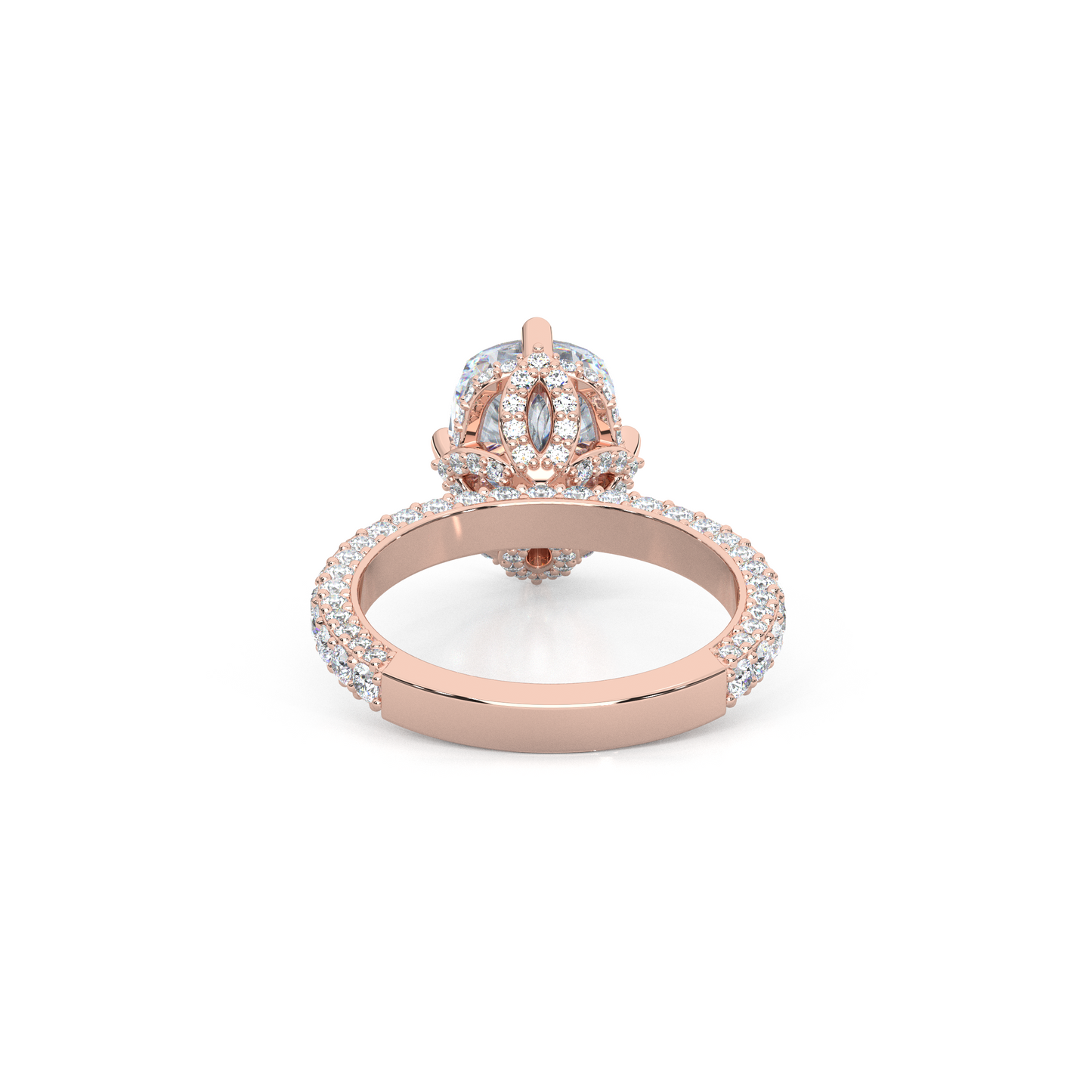 Elegant 3.00 Carat Cushion Lab Diamond Engagement Ring with Lotus Prongs, Hidden Halo & Pave Band