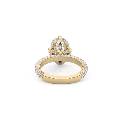 Elegant 3.00 Carat Cushion Lab Diamond Engagement Ring with Lotus Prongs, Hidden Halo & Pave Band
