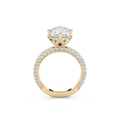 Elegant 3.00 Carat Cushion Lab Diamond Engagement Ring with Lotus Prongs, Hidden Halo & Pave Band