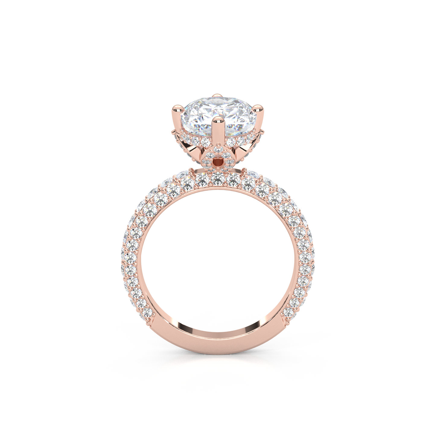 Elegant 3.00 Carat Cushion Lab Diamond Engagement Ring with Lotus Prongs, Hidden Halo & Pave Band