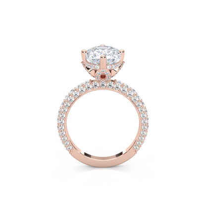 Elegant 3.00 Carat Cushion Lab Diamond Engagement Ring with Lotus Prongs, Hidden Halo & Pave Band