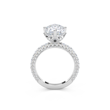Elegant 3.00 Carat Cushion Lab Diamond Engagement Ring with Lotus Prongs, Hidden Halo & Pave Band