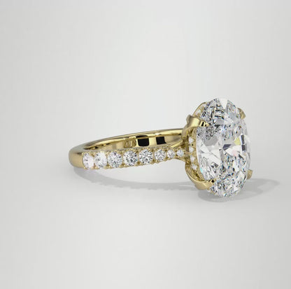 4.00ct Oval Cut Lab Diamond Engagement Ring Featuring Tulip Prongs, Hidden Halo & Secret Diamond Detail